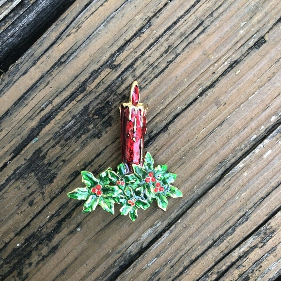 Red Candle Christmas Brooch Holly Enamel Brooch Jeweled Gold Pin Vintage Jewelry - Picture 2 of 2